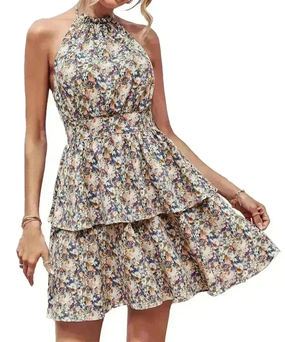 Summer Printed Halter Dress Fashion Boho Backless Ruffled A-Line Beach Dresses For Womens Clothing - EX-STOCK CANADA
