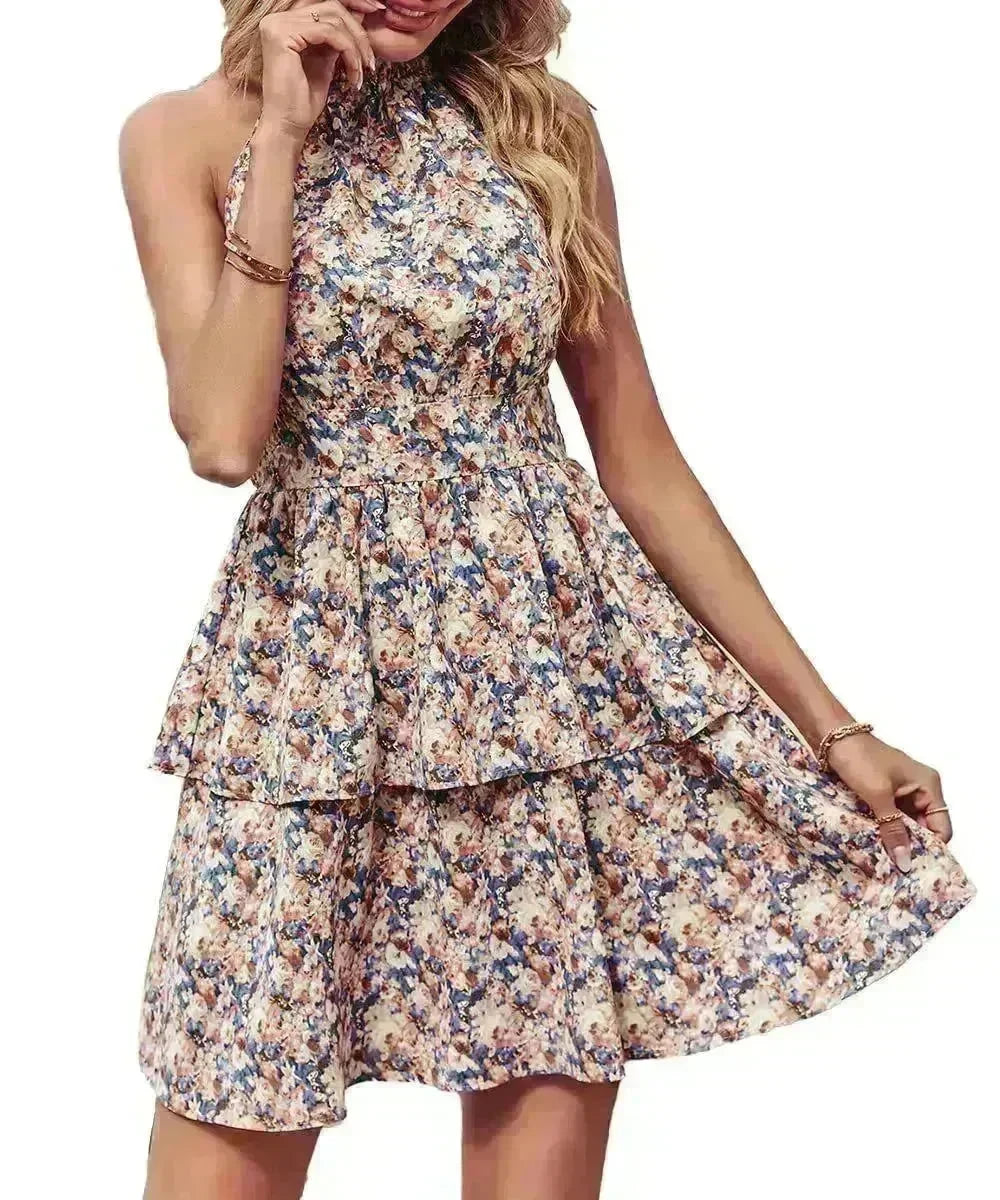 Summer Printed Halter Dress Fashion Boho Backless Ruffled A-Line Beach Dresses For Womens Clothing - EX-STOCK CANADA