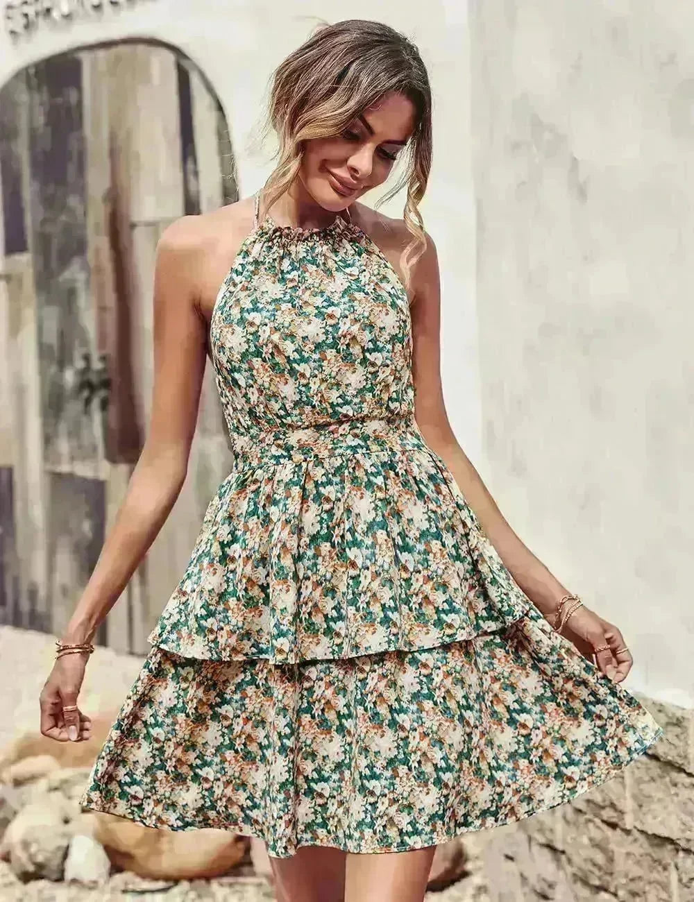 Summer Printed Halter Dress Fashion Boho Backless Ruffled A-Line Beach Dresses For Womens Clothing - EX-STOCK CANADA