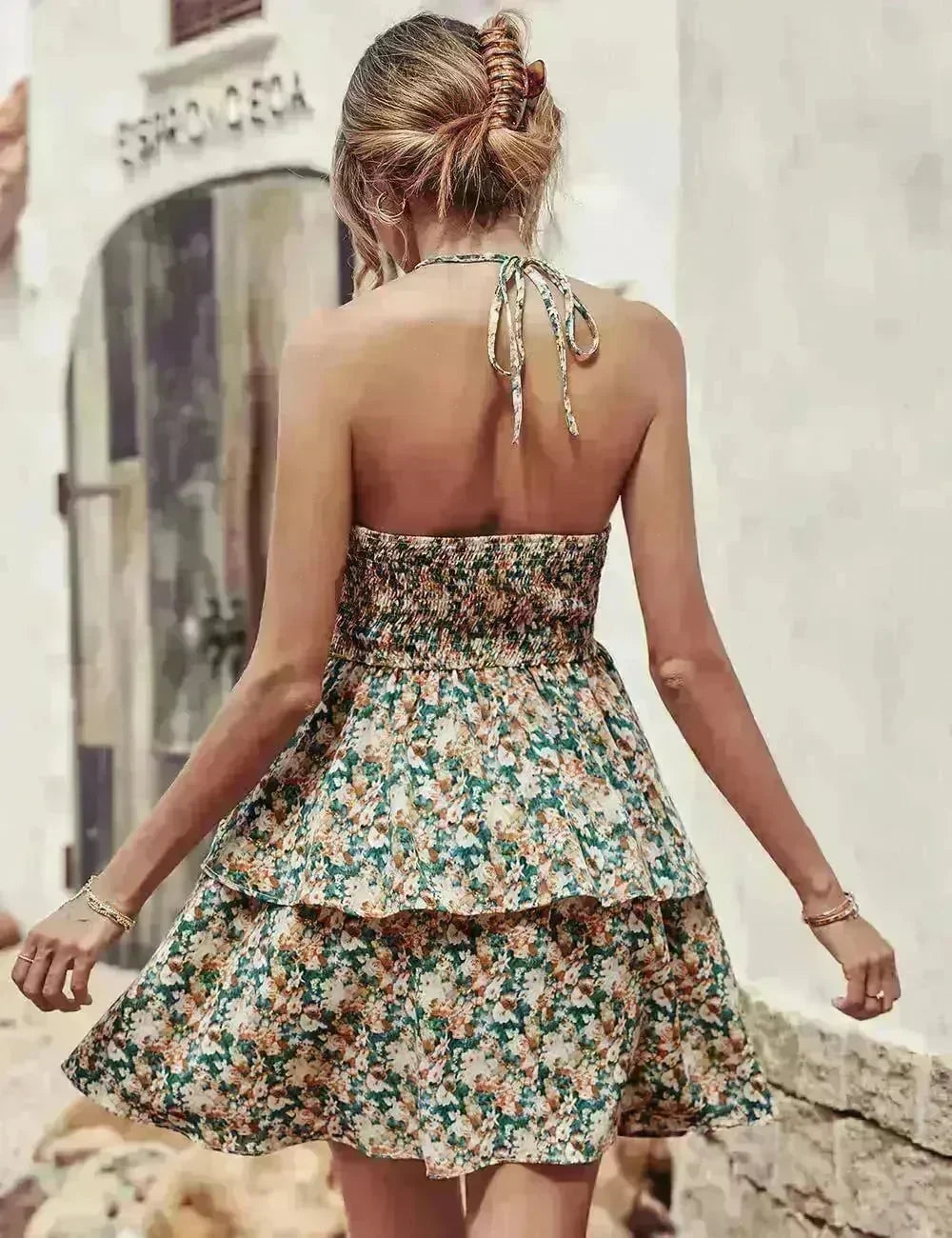 Summer Printed Halter Dress Fashion Boho Backless Ruffled A-Line Beach Dresses For Womens Clothing - EX-STOCK CANADA