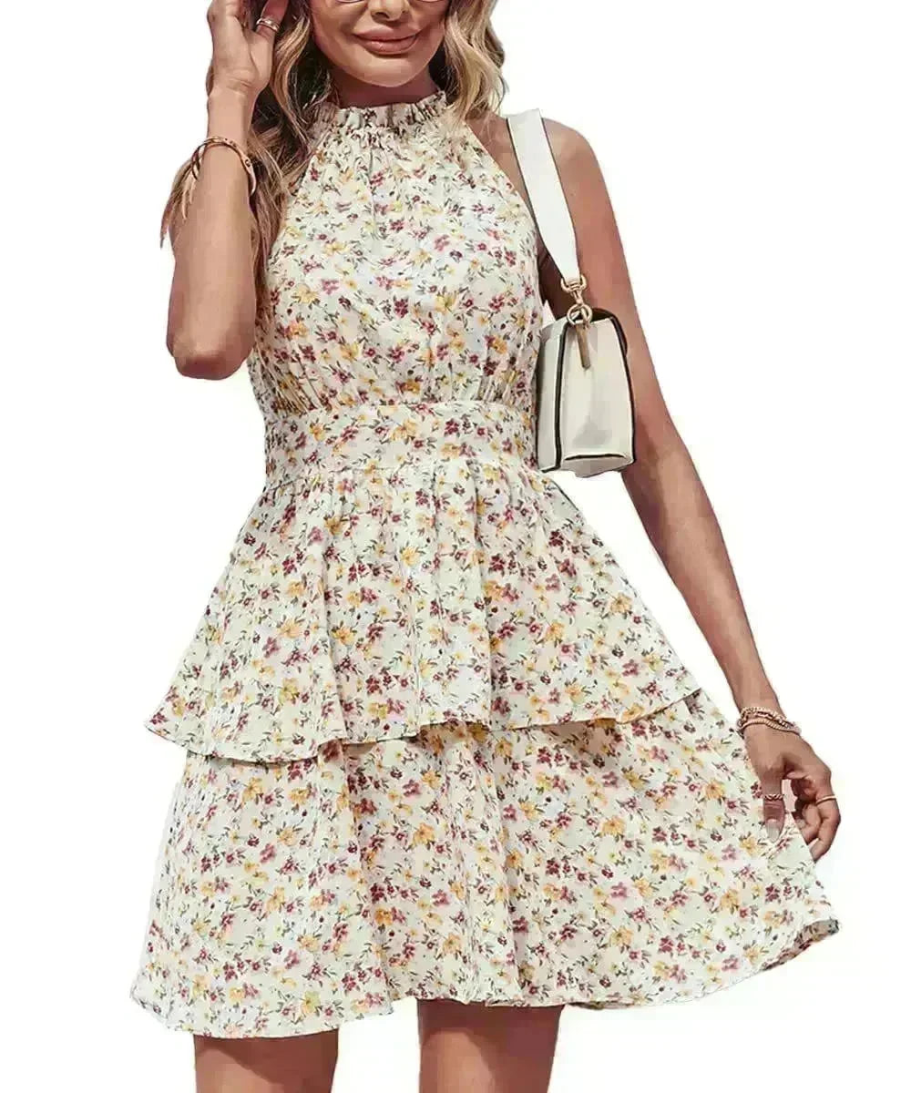 Summer Printed Halter Dress Fashion Boho Backless Ruffled A-Line Beach Dresses For Womens Clothing - EX-STOCK CANADA