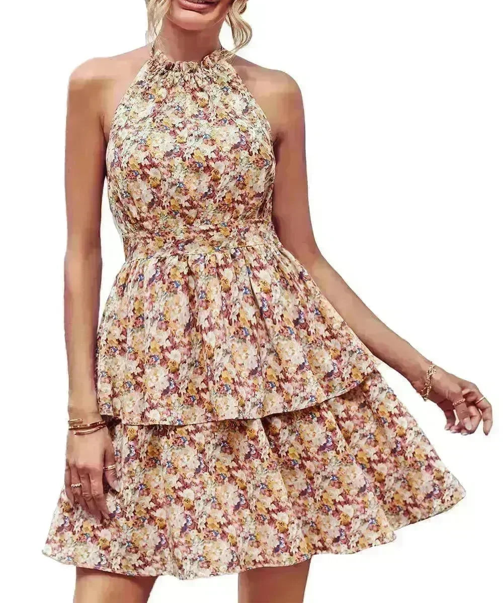 Summer Printed Halter Dress Fashion Boho Backless Ruffled A-Line Beach Dresses For Womens Clothing - EX-STOCK CANADA