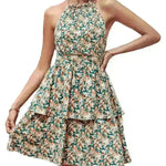 Summer Printed Halter Dress Fashion Boho Backless Ruffled A-Line Beach Dresses For Womens Clothing - EX-STOCK CANADA