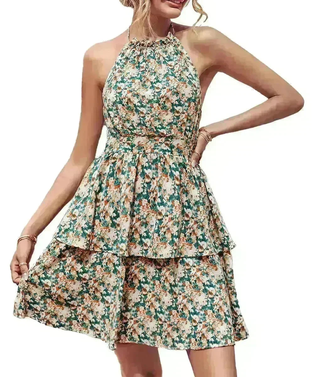 Summer Printed Halter Dress Fashion Boho Backless Ruffled A-Line Beach Dresses For Womens Clothing - EX-STOCK CANADA