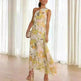 Summer Printed Oblique Shoulder Elastic Waist Vacation Floral Sleeveless Midi Dress - EX-STOCK CANADA