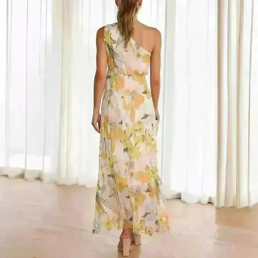 Summer Printed Oblique Shoulder Elastic Waist Vacation Floral Sleeveless Midi Dress - EX-STOCK CANADA
