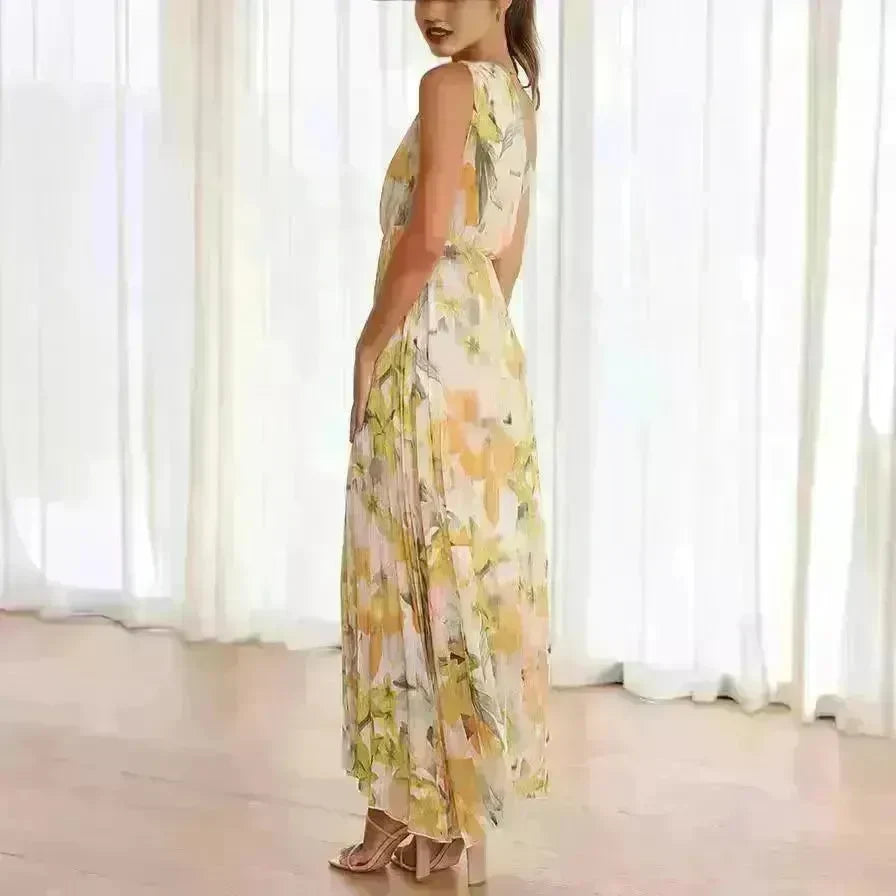 Summer Printed Oblique Shoulder Elastic Waist Vacation Floral Sleeveless Midi Dress - EX-STOCK CANADA