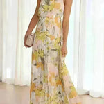 Summer Printed Oblique Shoulder Elastic Waist Vacation Floral Sleeveless Midi Dress - EX-STOCK CANADA