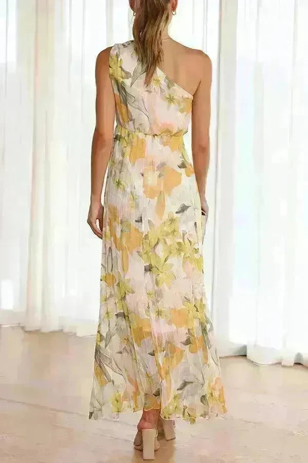 Summer Printed Oblique Shoulder Elastic Waist Vacation Floral Sleeveless Midi Dress - EX-STOCK CANADA