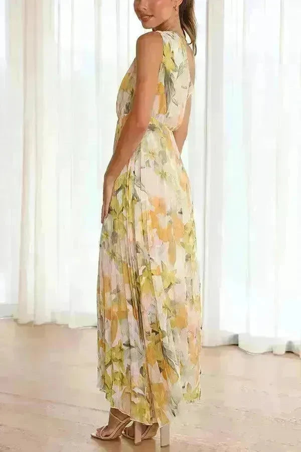 Summer Printed Oblique Shoulder Elastic Waist Vacation Floral Sleeveless Midi Dress - EX-STOCK CANADA