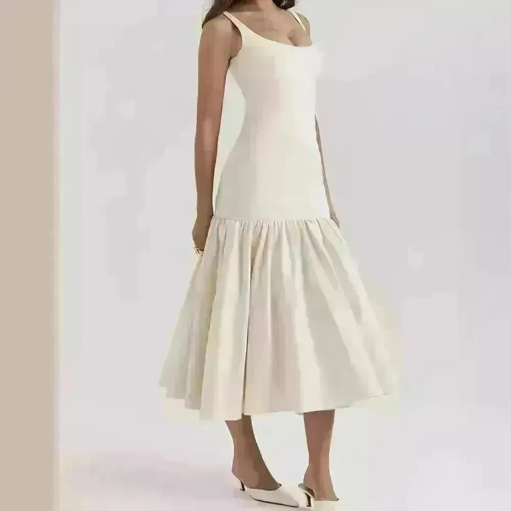 Summer Round Neck Sleeveless Solid Color Pleating Slim Fit Dress - EX-STOCK CANADA