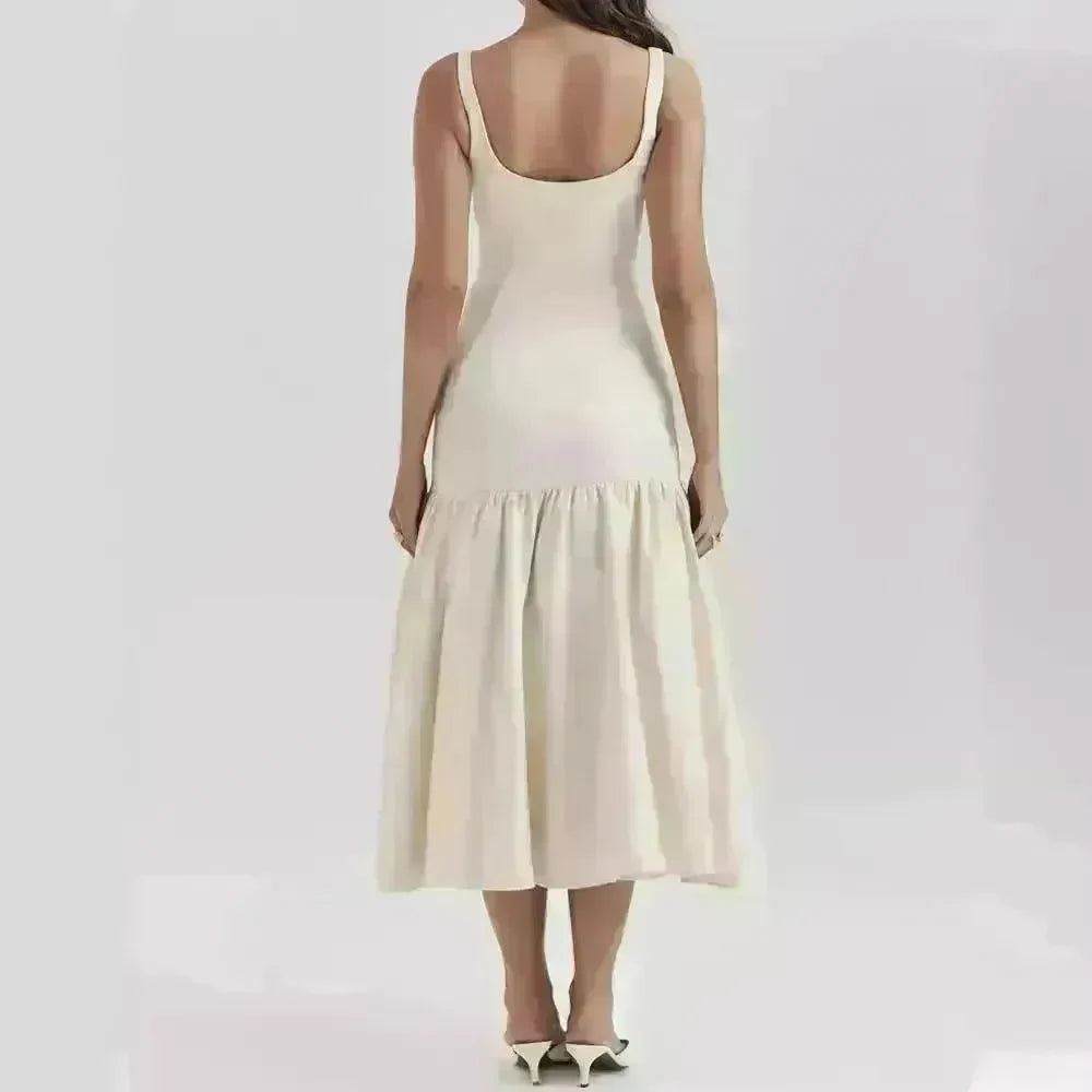 Summer Round Neck Sleeveless Solid Color Pleating Slim Fit Dress - EX-STOCK CANADA