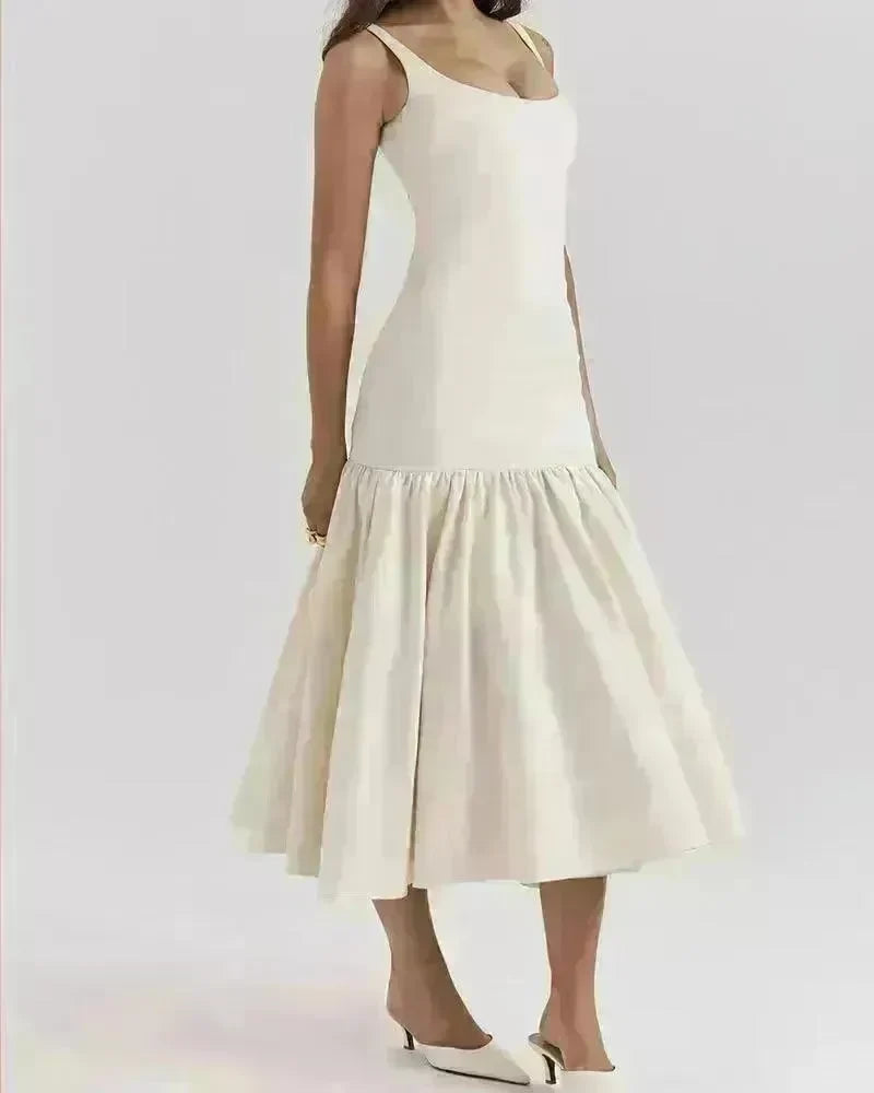 Summer Round Neck Sleeveless Solid Color Pleating Slim Fit Dress - EX-STOCK CANADA
