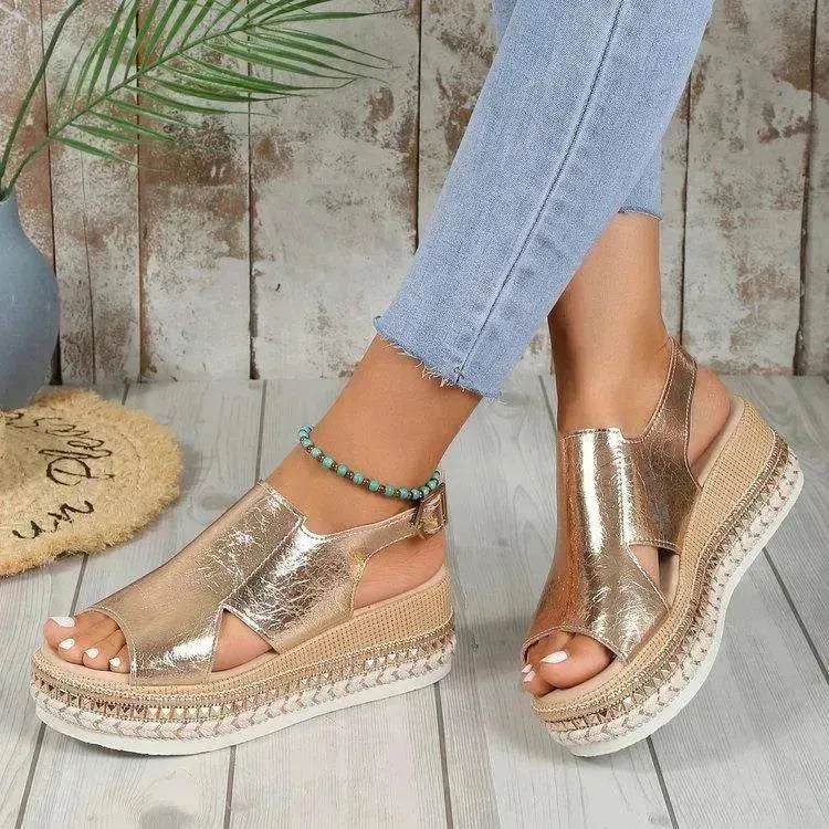 Summer Shiny Sandals Hollow Design Fish Mouth Sandal For Women Fashion Buckle Wedges Sandals - EX-STOCK Canada