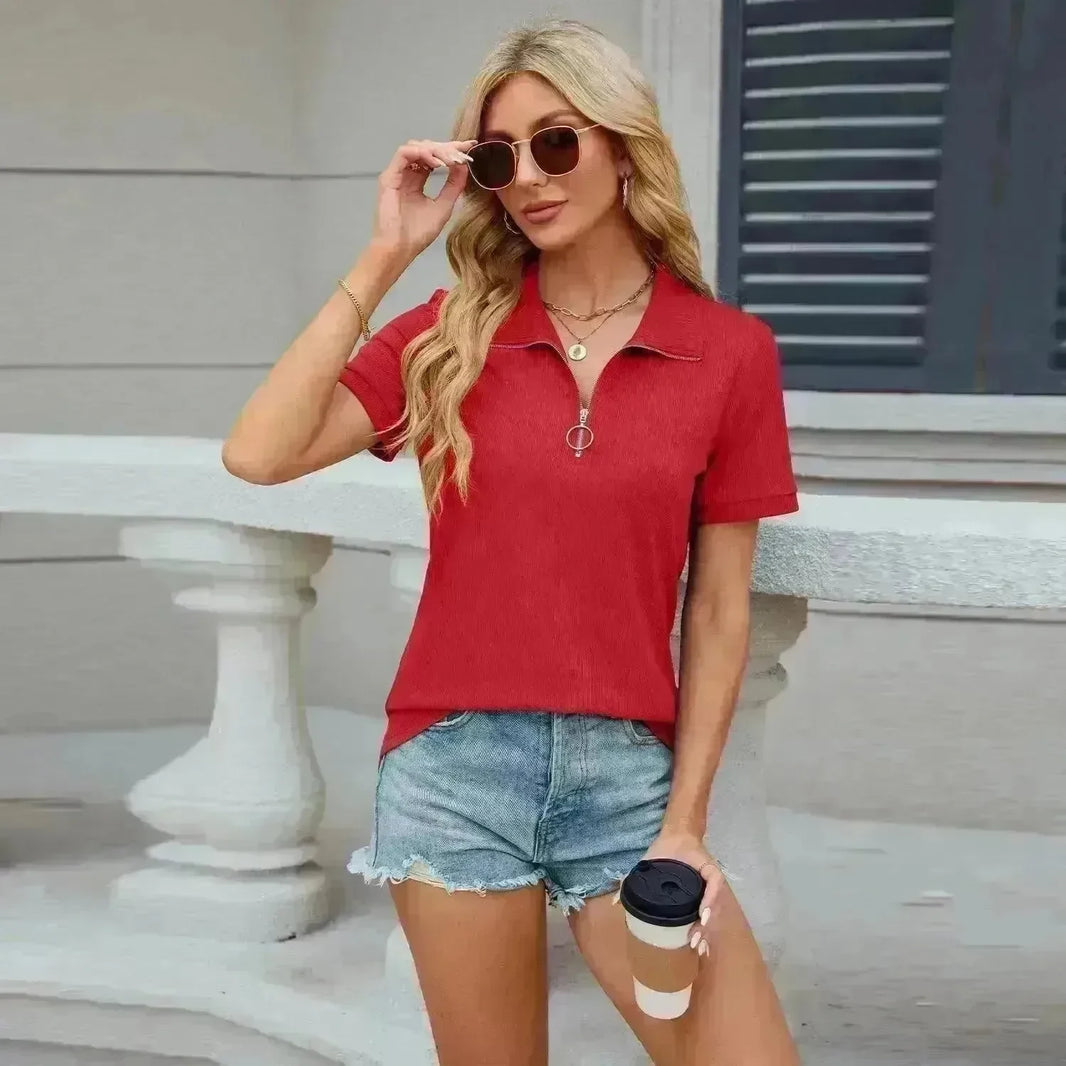 Summer Short Sleeve T-shirt Casual Loose Solid Color Zipper And Lapel Top For Women - EX-STOCK CANADA