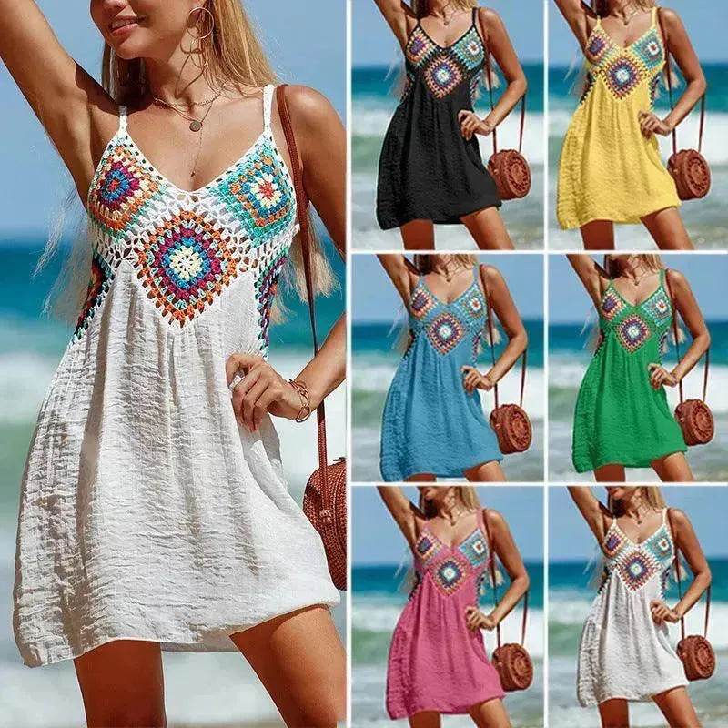Summer Sleeveless Dress Bohemia Stitching Colorful Pattern V-neck Hollow Beach Dress - EX-STOCK Canada
