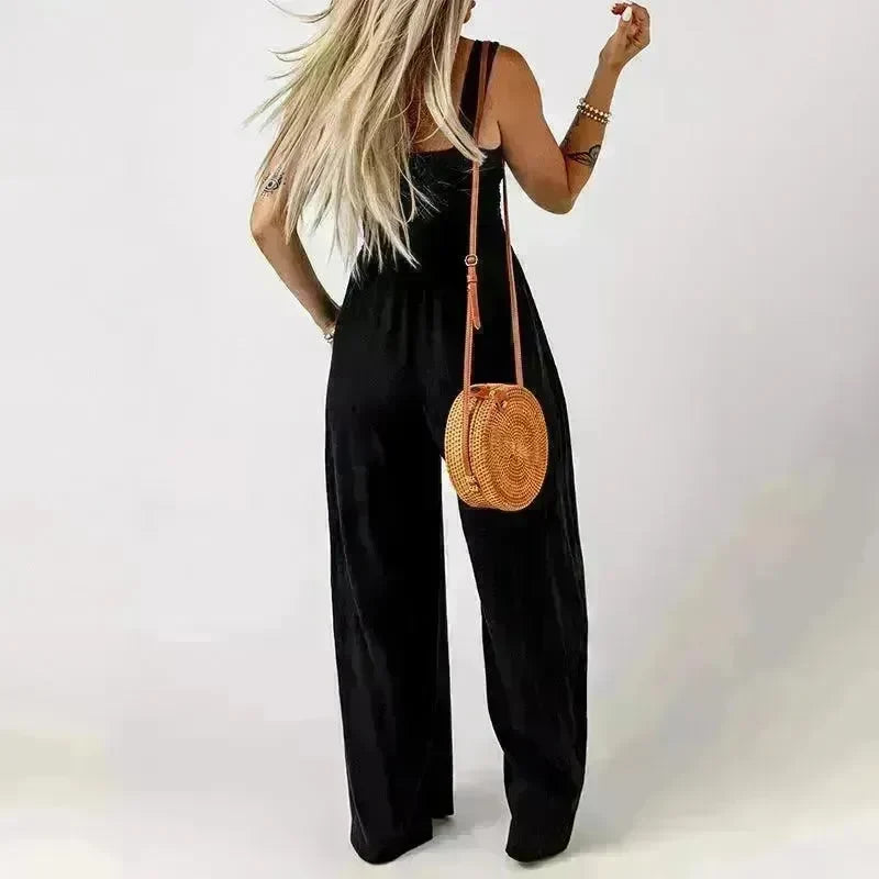 Summer Square Neck High Waist Jumpsuit Women's Backless Pleated Design Wide Leg Trousers Clothing - EX-STOCK CANADA