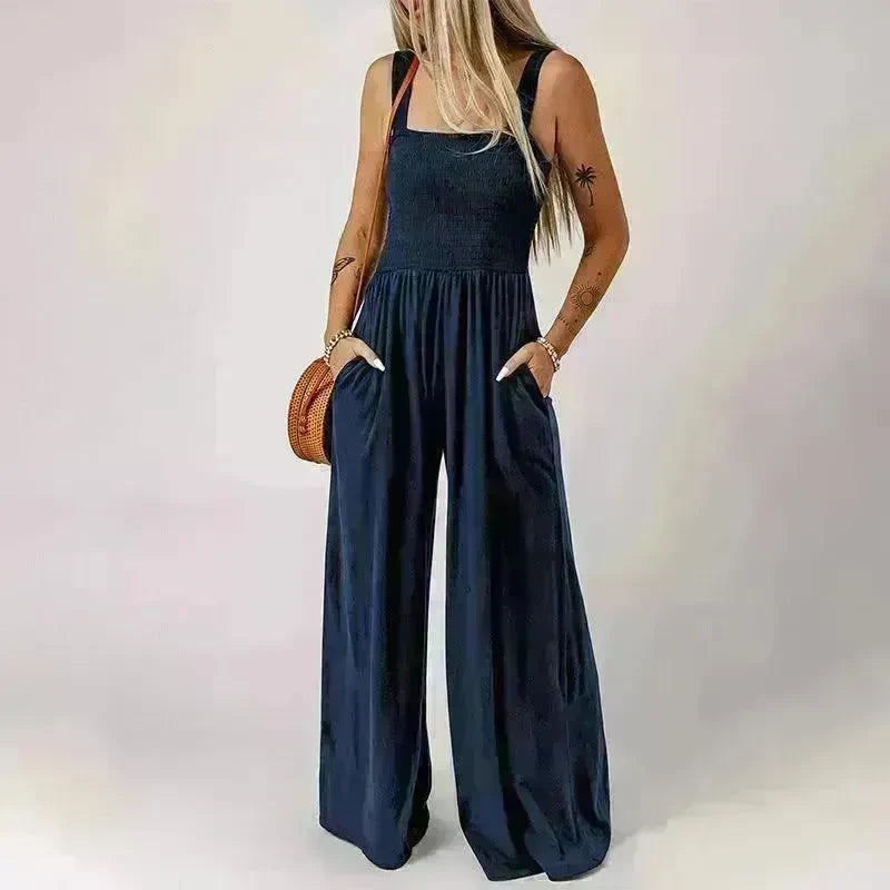 Summer Square Neck High Waist Jumpsuit Women's Backless Pleated Design Wide Leg Trousers Clothing - EX-STOCK CANADA