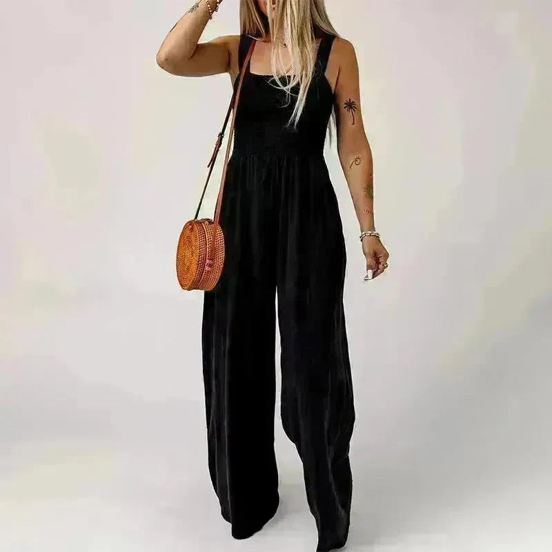 Summer Square Neck High Waist Jumpsuit Women's Backless Pleated Design Wide Leg Trousers Clothing - EX-STOCK CANADA