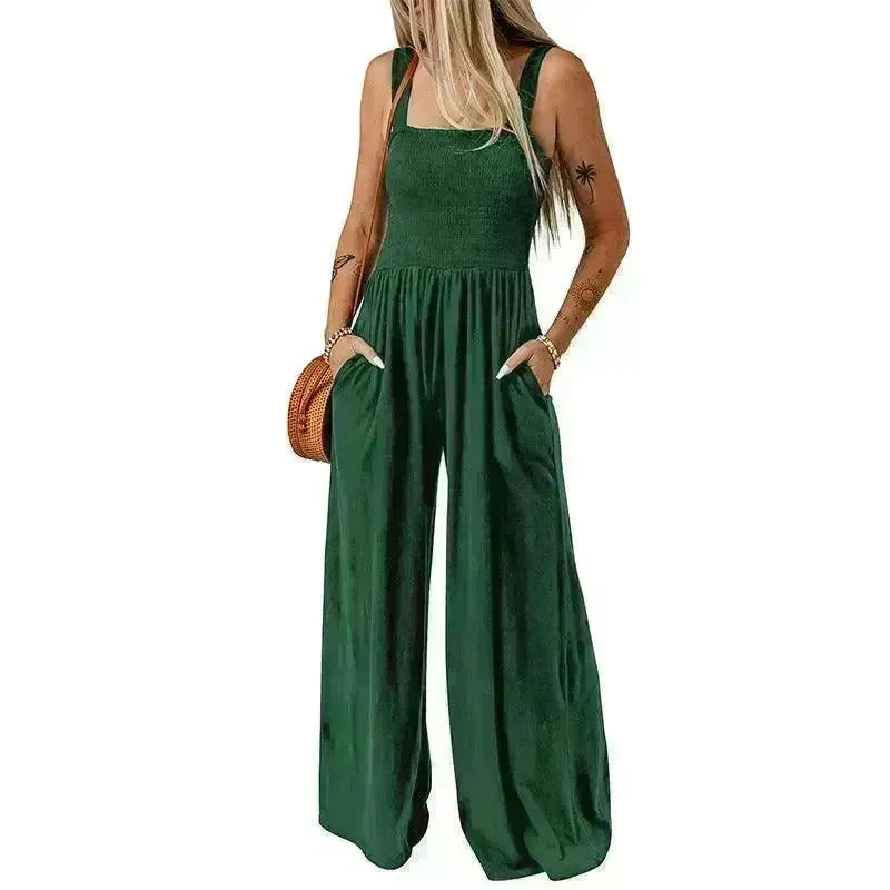 Summer Square Neck High Waist Jumpsuit Women's Backless Pleated Design Wide Leg Trousers Clothing - EX-STOCK CANADA