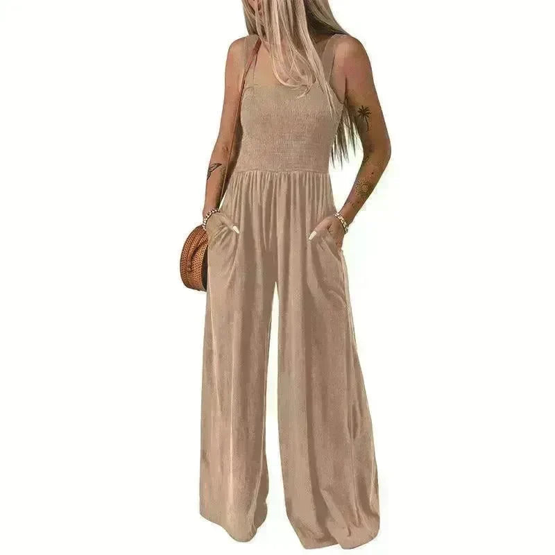 Summer Square Neck High Waist Jumpsuit Women's Backless Pleated Design Wide Leg Trousers Clothing - EX-STOCK CANADA