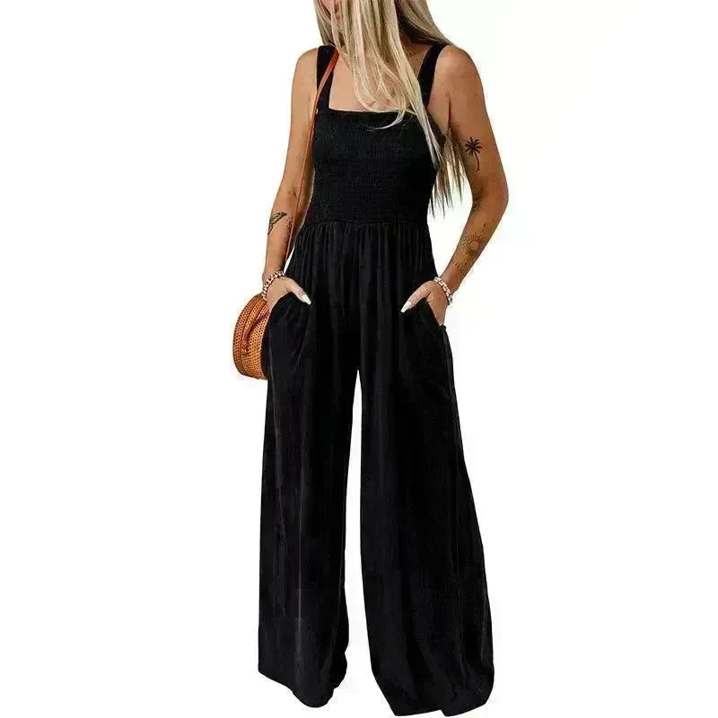 Summer Square Neck High Waist Jumpsuit Women's Backless Pleated Design Wide Leg Trousers Clothing - EX-STOCK CANADA