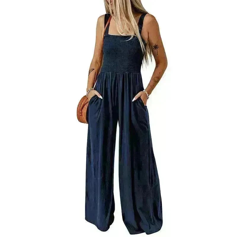 Summer Square Neck High Waist Jumpsuit Women's Backless Pleated Design Wide Leg Trousers Clothing - EX-STOCK CANADA