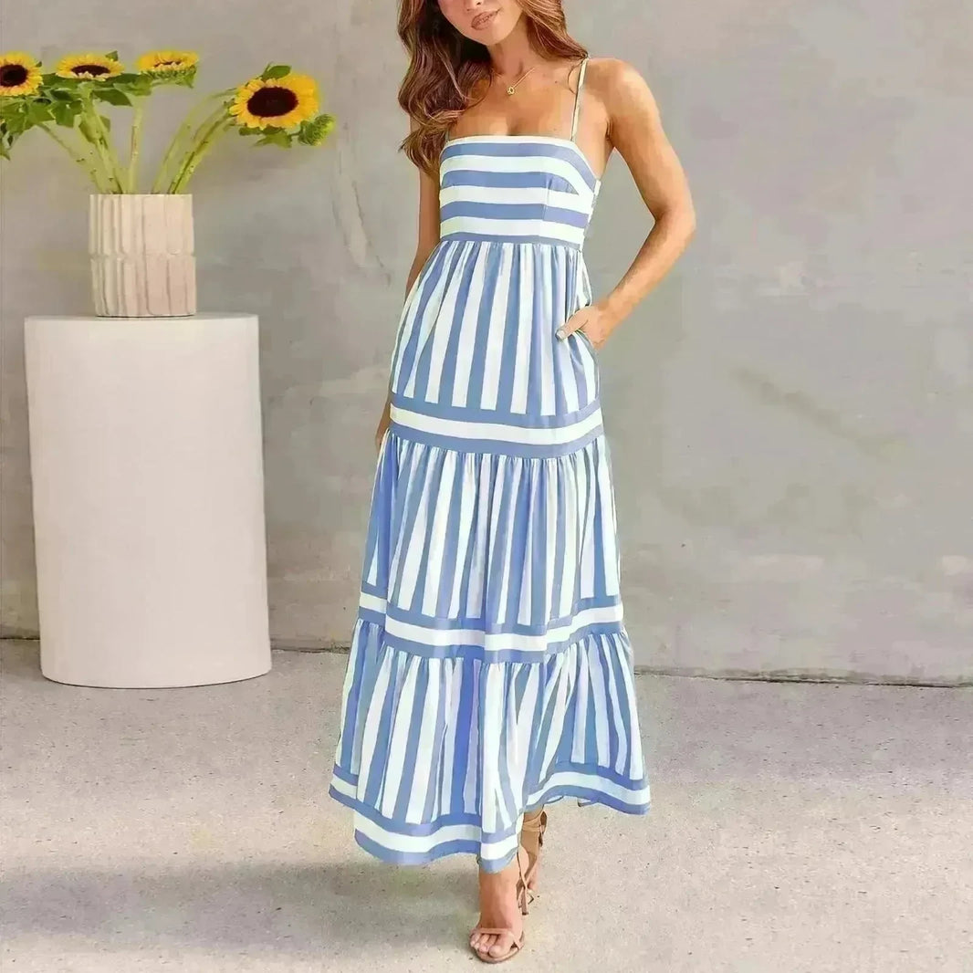 Summer Striped Printed Suspender Long Dress With Pockets Fashion Square Neck Backless Dresses For Beach Vacation Women Clothing - EX-STOCK CANADA