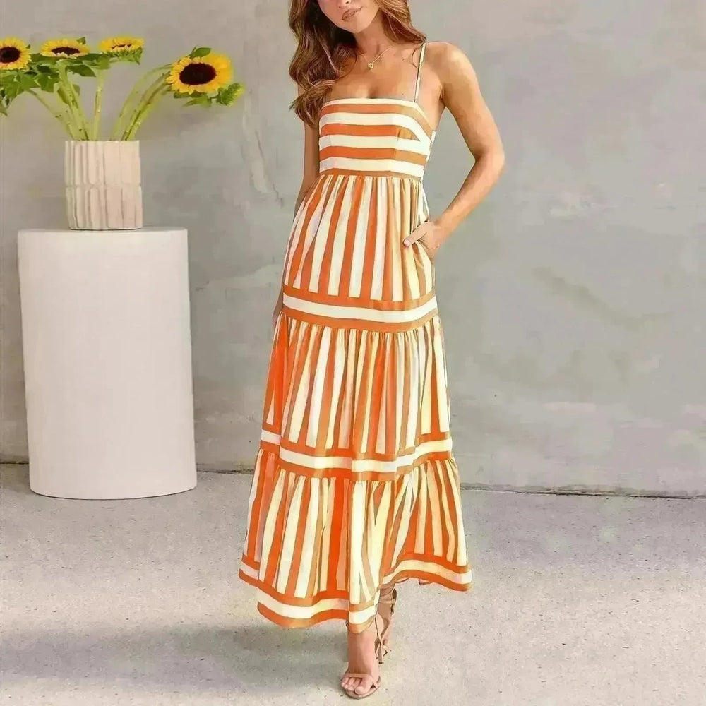 Summer Striped Printed Suspender Long Dress With Pockets Fashion Square Neck Backless Dresses For Beach Vacation Women Clothing - EX-STOCK CANADA