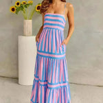 Summer Striped Printed Suspender Long Dress With Pockets Fashion Square Neck Backless Dresses For Beach Vacation Women Clothing - EX-STOCK CANADA