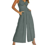 Summer V-neck Brace Hollow Out Pleating High Waist Wide Leg Pocket Women's Jumpsuit - EX-STOCK CANADA
