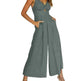 Summer V-neck Brace Hollow Out Pleating High Waist Wide Leg Pocket Women's Jumpsuit - EX-STOCK CANADA