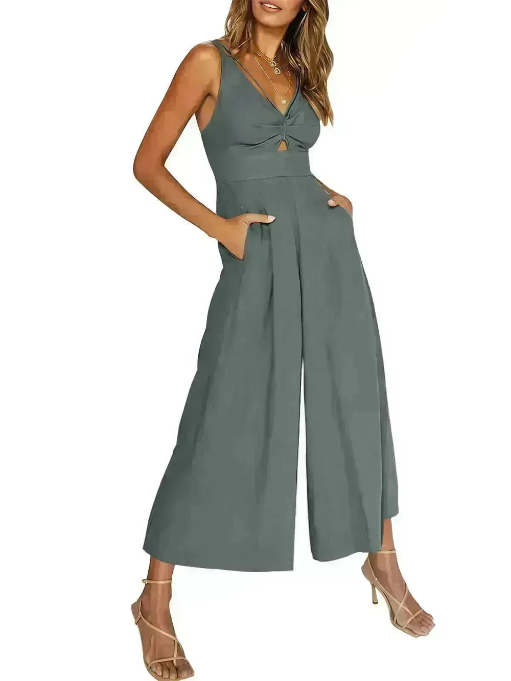 Summer V-neck Brace Hollow Out Pleating High Waist Wide Leg Pocket Women's Jumpsuit - EX-STOCK CANADA