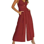 Summer V-neck Brace Hollow Out Pleating High Waist Wide Leg Pocket Women's Jumpsuit - EX-STOCK CANADA