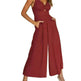 Summer V-neck Brace Hollow Out Pleating High Waist Wide Leg Pocket Women's Jumpsuit - EX-STOCK CANADA
