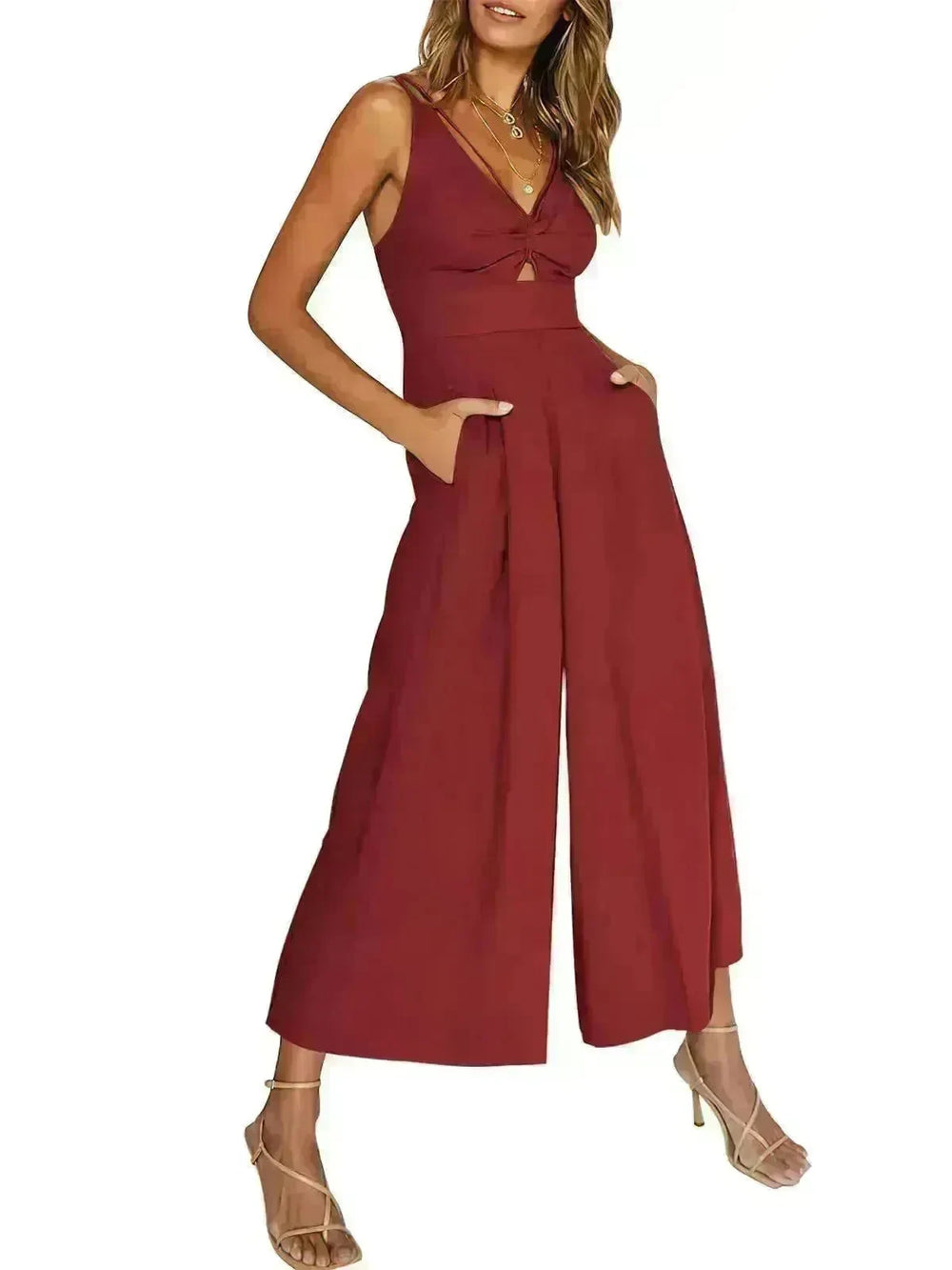 Summer V-neck Brace Hollow Out Pleating High Waist Wide Leg Pocket Women's Jumpsuit - EX-STOCK CANADA