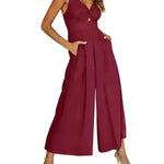Summer V-neck Brace Hollow Out Pleating High Waist Wide Leg Pocket Women's Jumpsuit - EX-STOCK CANADA