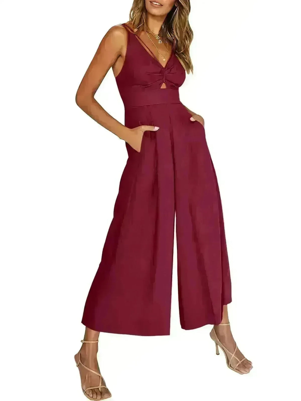 Summer V-neck Brace Hollow Out Pleating High Waist Wide Leg Pocket Women's Jumpsuit - EX-STOCK CANADA