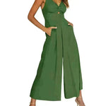 Summer V-neck Brace Hollow Out Pleating High Waist Wide Leg Pocket Women's Jumpsuit - EX-STOCK CANADA