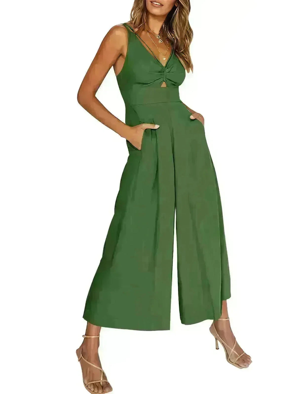 Summer V-neck Brace Hollow Out Pleating High Waist Wide Leg Pocket Women's Jumpsuit - EX-STOCK CANADA