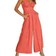 Summer V-neck Brace Hollow Out Pleating High Waist Wide Leg Pocket Women's Jumpsuit - EX-STOCK CANADA