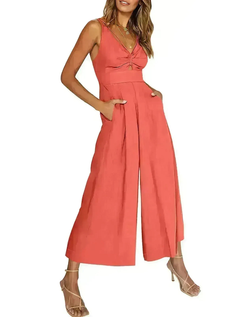 Summer V-neck Brace Hollow Out Pleating High Waist Wide Leg Pocket Women's Jumpsuit - EX-STOCK CANADA