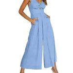 Summer V-neck Brace Hollow Out Pleating High Waist Wide Leg Pocket Women's Jumpsuit - EX-STOCK CANADA