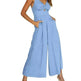 Summer V-neck Brace Hollow Out Pleating High Waist Wide Leg Pocket Women's Jumpsuit - EX-STOCK CANADA