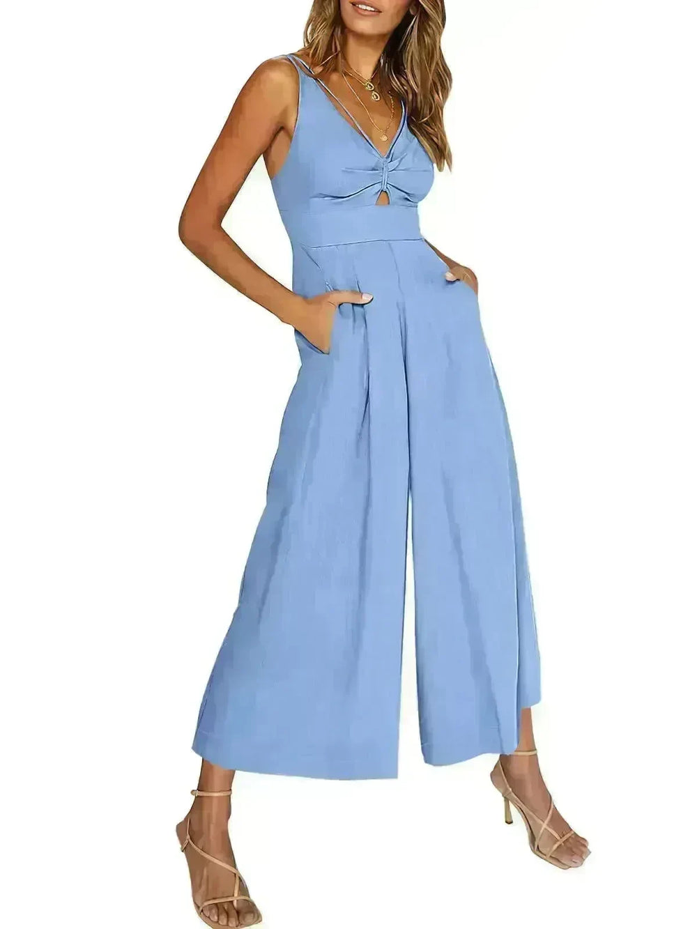 Summer V-neck Brace Hollow Out Pleating High Waist Wide Leg Pocket Women's Jumpsuit - EX-STOCK CANADA