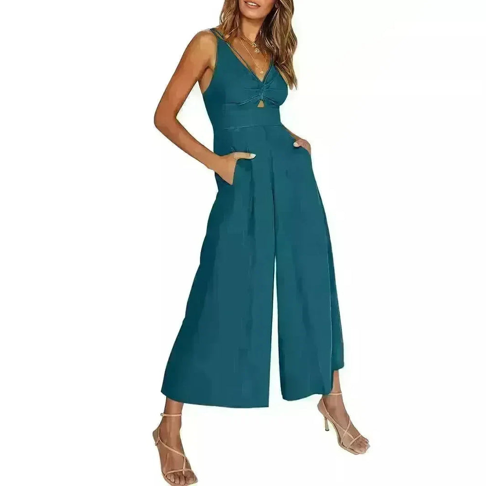 Summer V-neck Brace Hollow Out Pleating High Waist Wide Leg Pocket Women's Jumpsuit - EX-STOCK CANADA