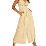 Summer V-neck Brace Hollow Out Pleating High Waist Wide Leg Pocket Women's Jumpsuit - EX-STOCK CANADA