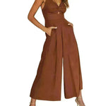 Summer V-neck Brace Hollow Out Pleating High Waist Wide Leg Pocket Women's Jumpsuit - EX-STOCK CANADA