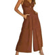 Summer V-neck Brace Hollow Out Pleating High Waist Wide Leg Pocket Women's Jumpsuit - EX-STOCK CANADA