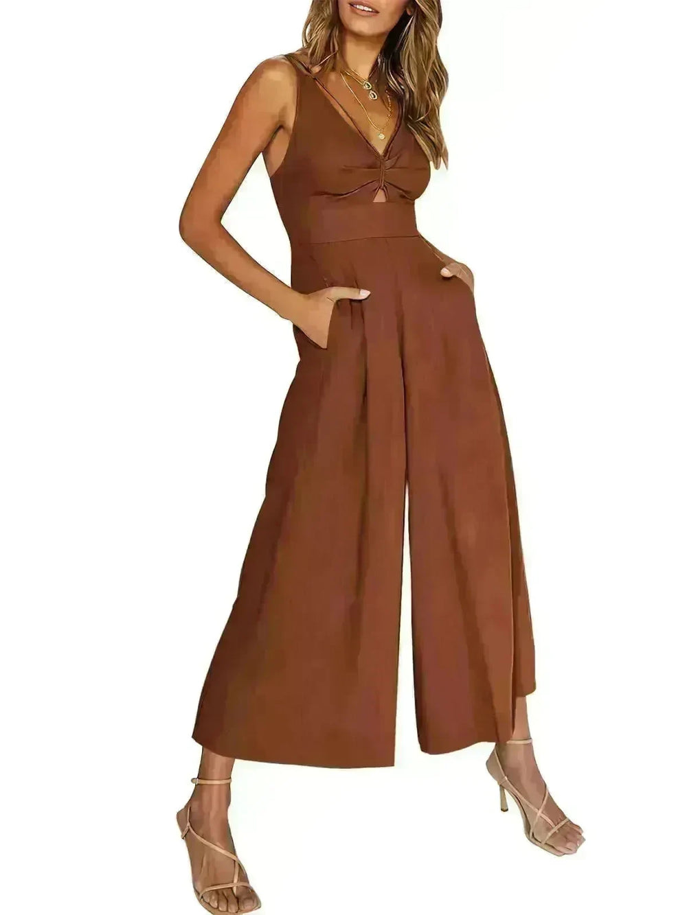 Summer V-neck Brace Hollow Out Pleating High Waist Wide Leg Pocket Women's Jumpsuit - EX-STOCK CANADA